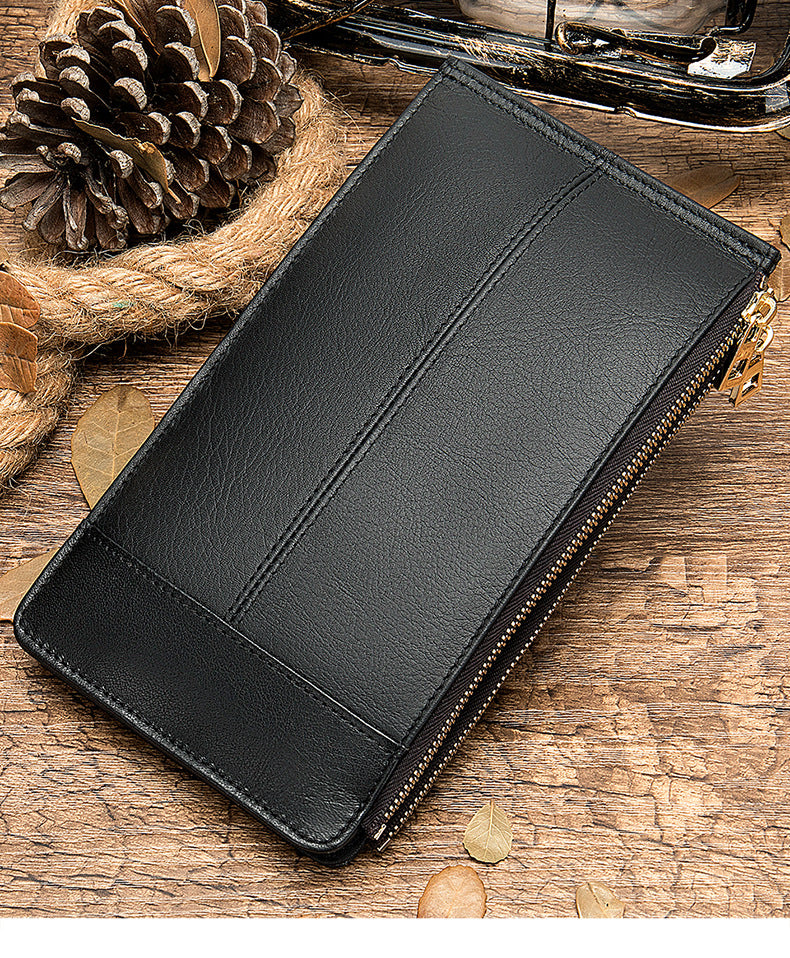 Men's long wallet made of genuine cowhide leather large capacity clutch bag Korean fashion unique zipper men's wallet