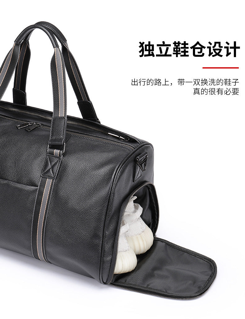 Men's Fitness Bag Genuine Cowhide Leather Dry/Wet Separate Short-distance Luggage Bag Men's Travel Bag Shoulder Bag