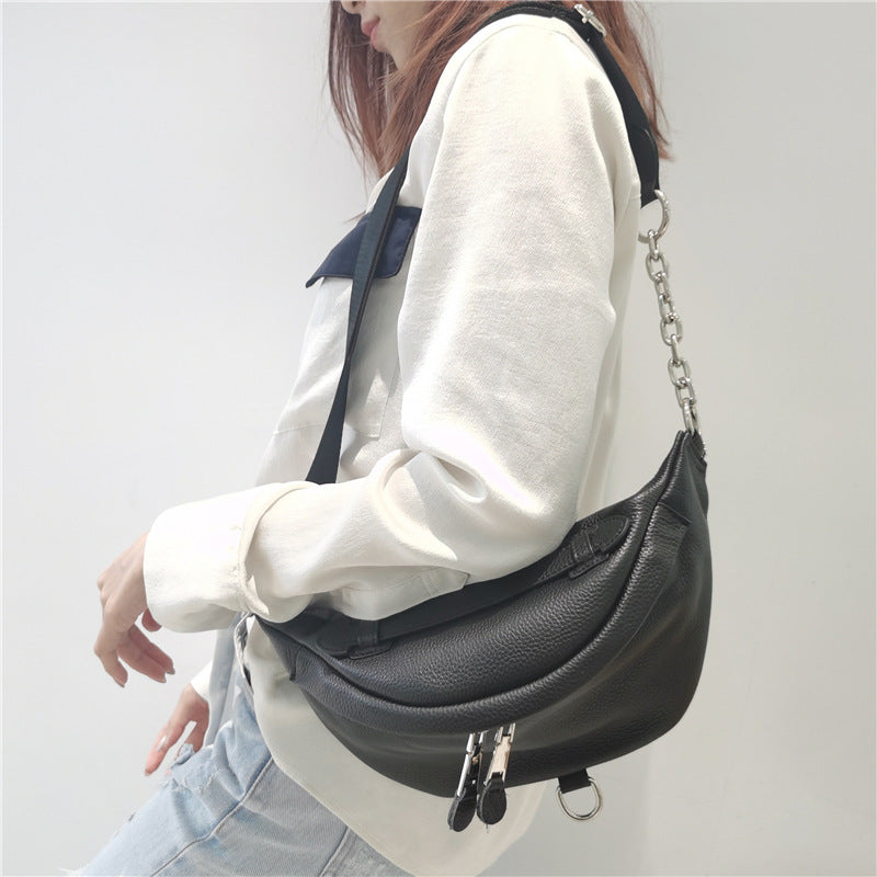 Cowhide nylon body bag fashionable simple shoulder bag zipper chain bag