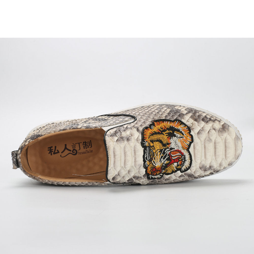 Python Skin Genuine Leather Men's Moccasins Embroidery Tiger Head Fashion Men Shoes Casual Shoes