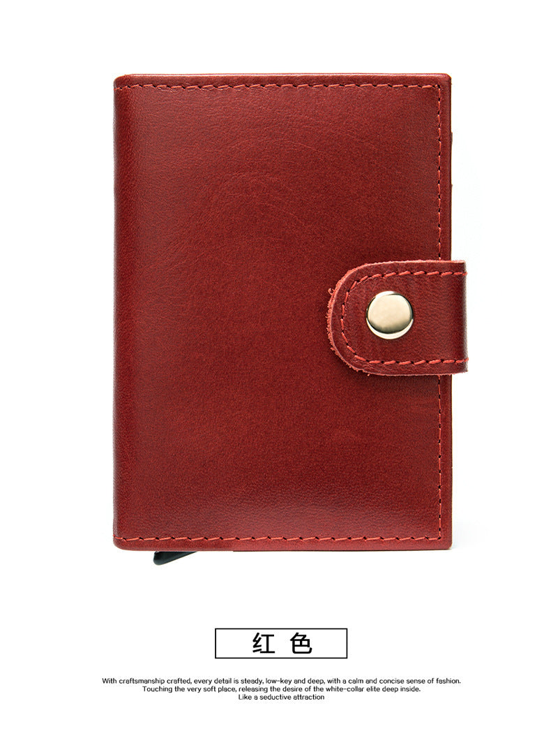 Men's wallet cowhide genuine leather aluminum alloy automatic pop-up RFID anti-theft brush personality business card holder card bag for men