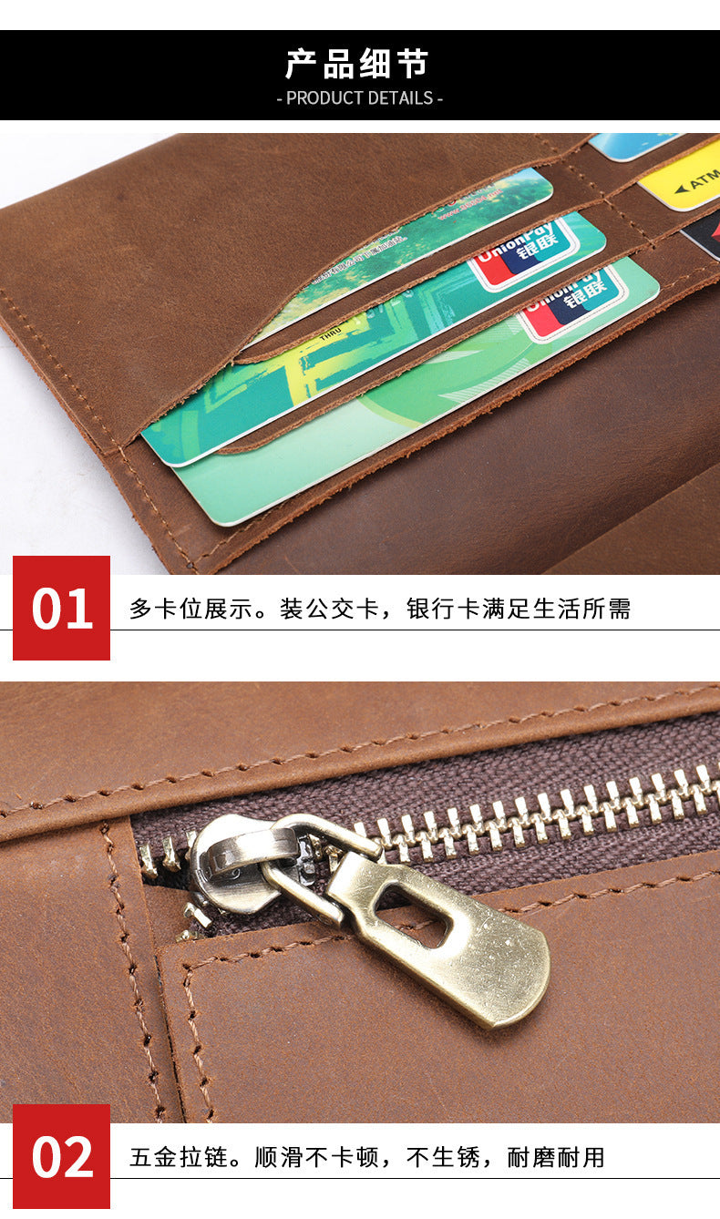Men's long wallet, genuine cowhide leather, zipper, thin business card holder, wallet for men