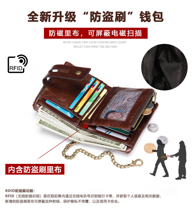 Men's short wallet made of genuine cowhide leather with multi-functional zipper and card bag wallet for men