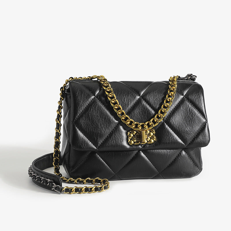 Ladies Genuine Leather Shoulder Bag Chain Bag Wandering Bag Check Crossbody Bag Fashion Trend