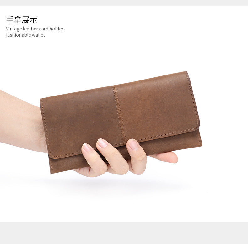 Men's long wallet, genuine cowhide leather, zipper, thin business card holder, wallet for men