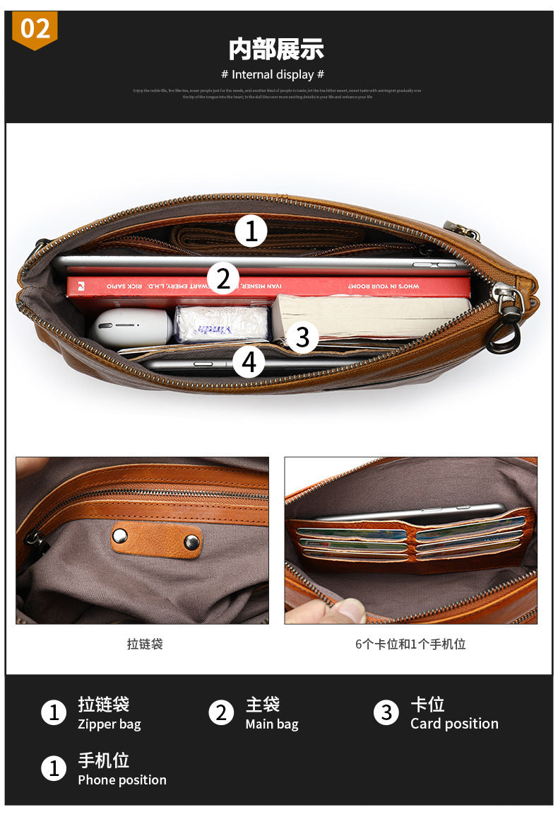 Men's Clutch Bag, Cowhide Genuine Leather, Large Capacity, Retro Fashion, Men's Handbag
