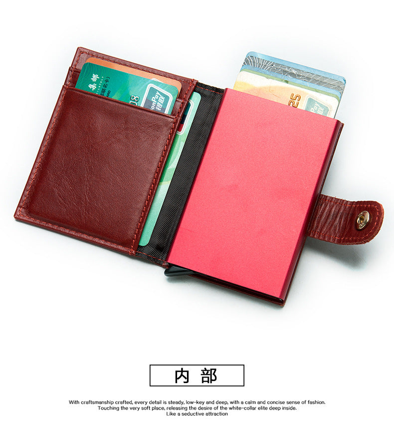 Men's wallet cowhide genuine leather aluminum alloy automatic pop-up RFID anti-theft brush personality business card holder card bag for men