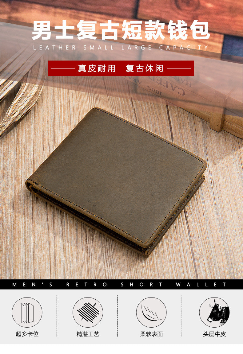 Men's Short Wallet Cow Leather Retro Crazy Horse Handmade Men's Wallet