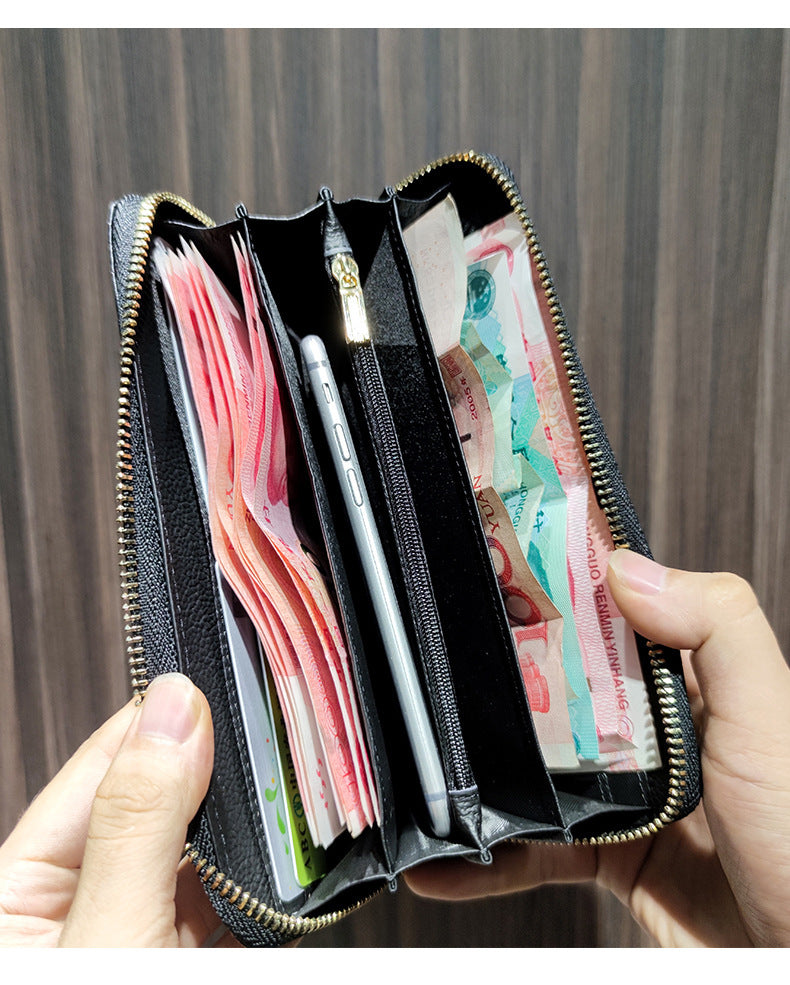 Men's long wallet made of cowhide genuine leather fashion plaid card holder zipper large capacity clutch bag men's wallet
