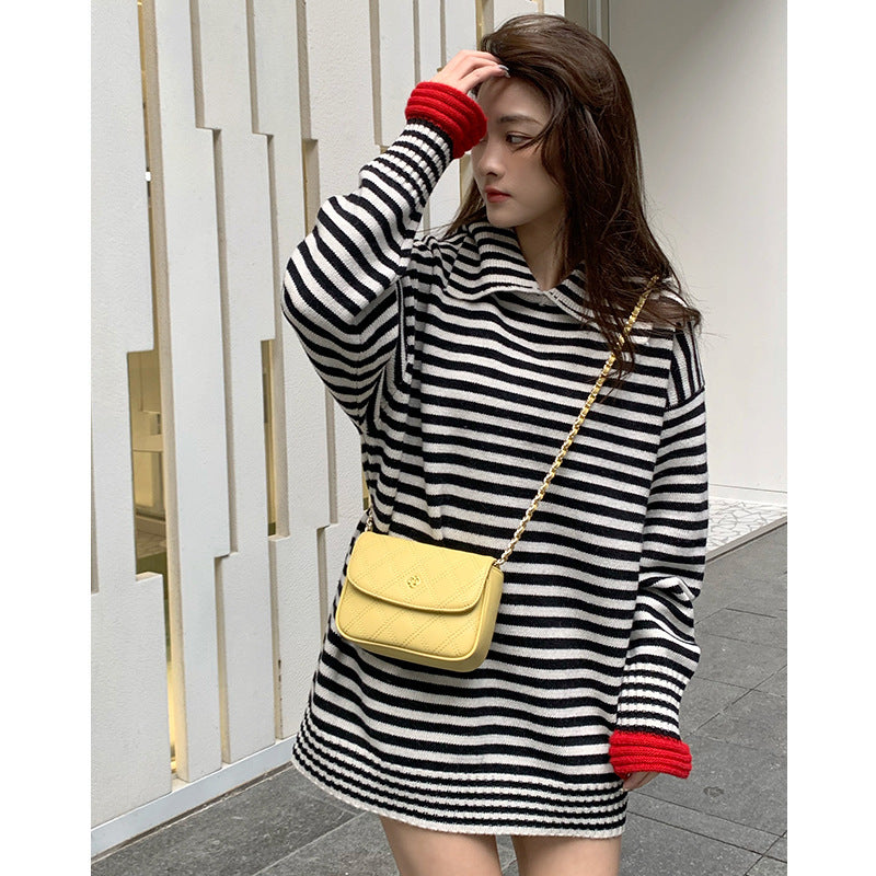 Ladies simple genuine leather shoulder bag check chain bag mini pouch goes with anything