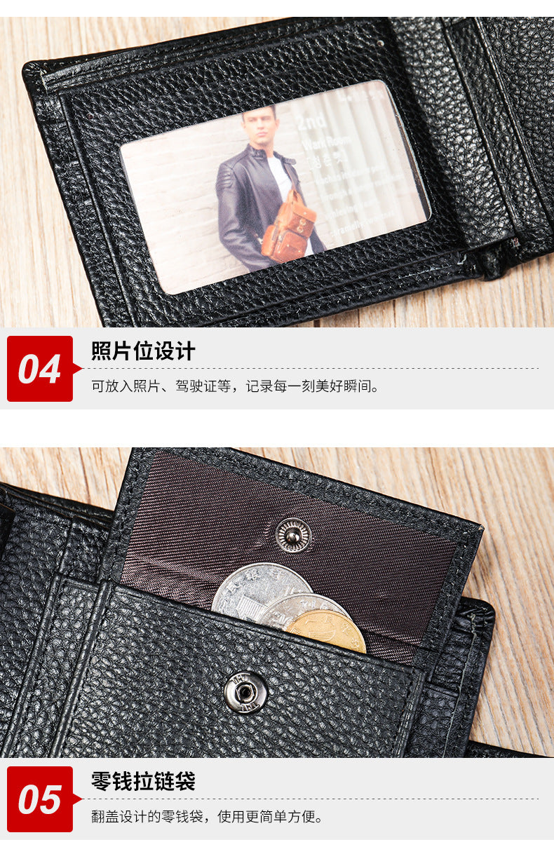 Men's Wallet RFID Genuine Cowhide Leather Card Holder Coin Casual Retro Large Capacity Clutch Bag