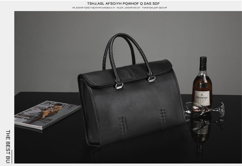 Men's Handbag Genuine Leather Cowhide Fashion Business Large Capacity Business Briefcase Computer Bag Hand-knitted Men's Handbag