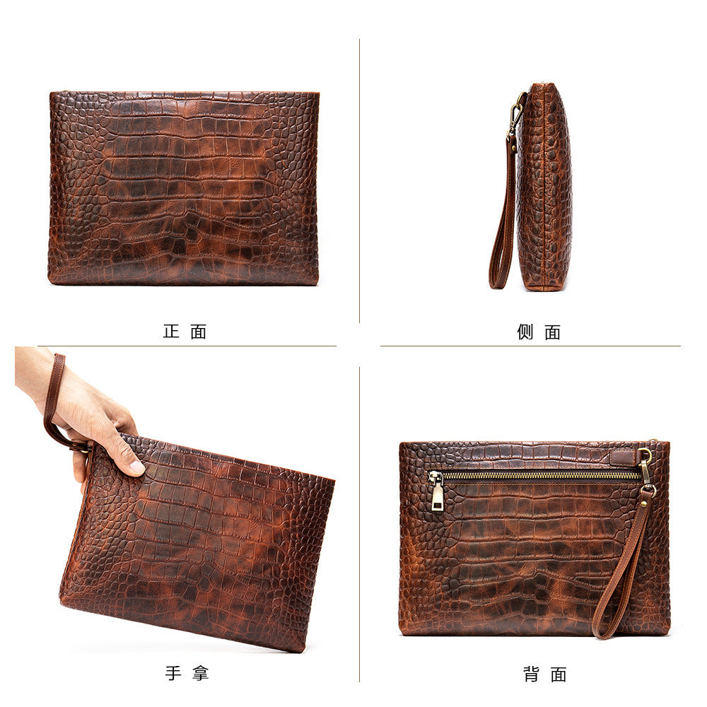 Men's Clutch Bag Business Crocodile Crest Cow Leather Handbag for Men