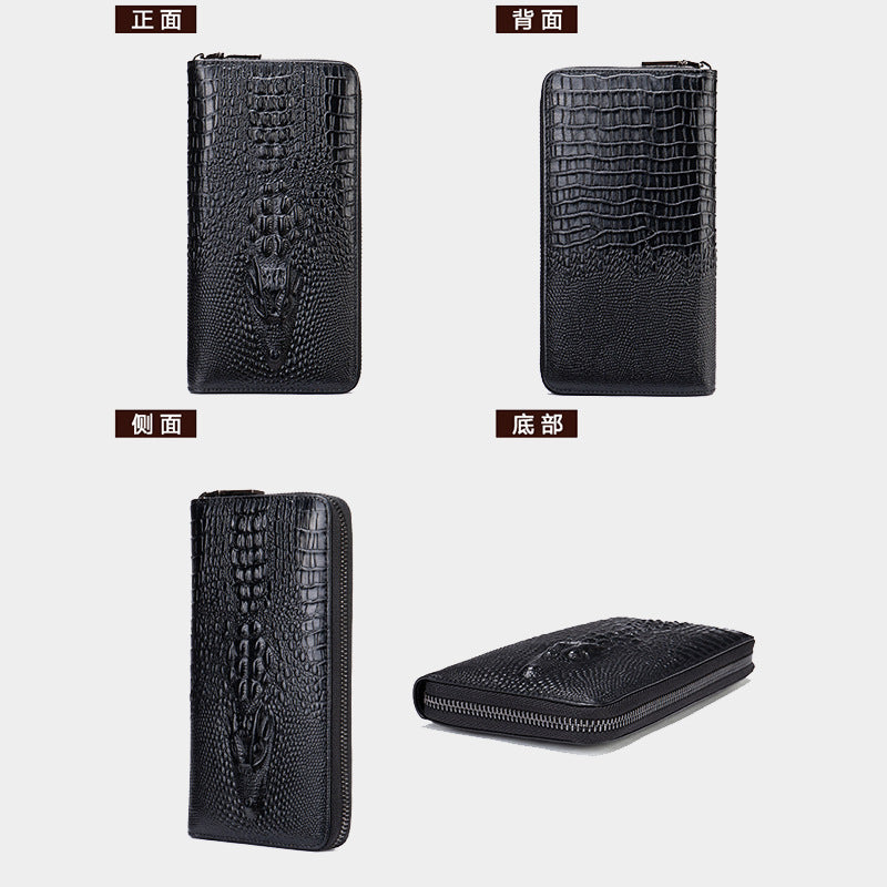Men's Long Wallet Retro Crocodile Crest Cow Leather Card Holder Anti-Theft Brush RFID Men's Clutch Bag