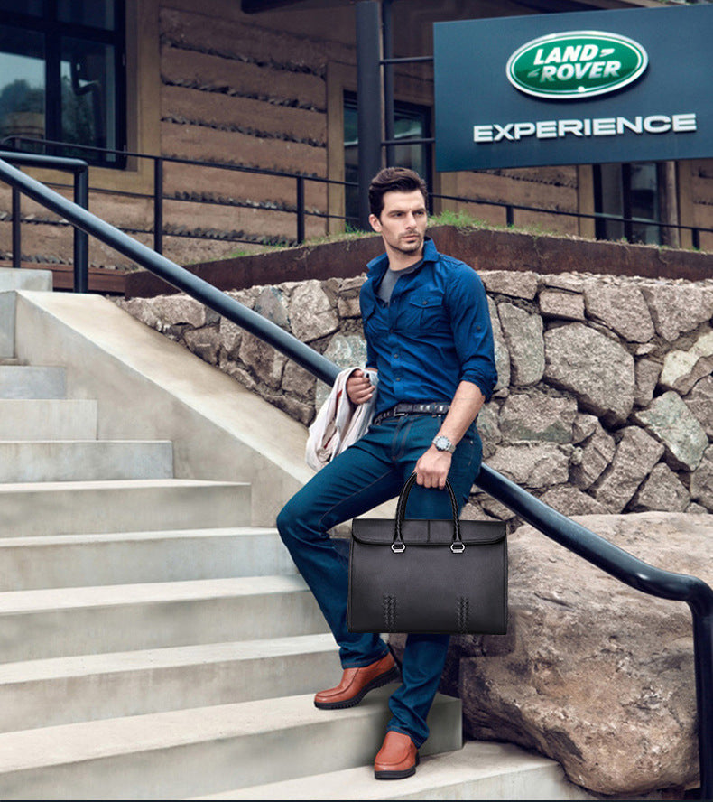 Men's Handbag Genuine Leather Cowhide Fashion Business Large Capacity Business Briefcase Computer Bag Hand-knitted Men's Handbag
