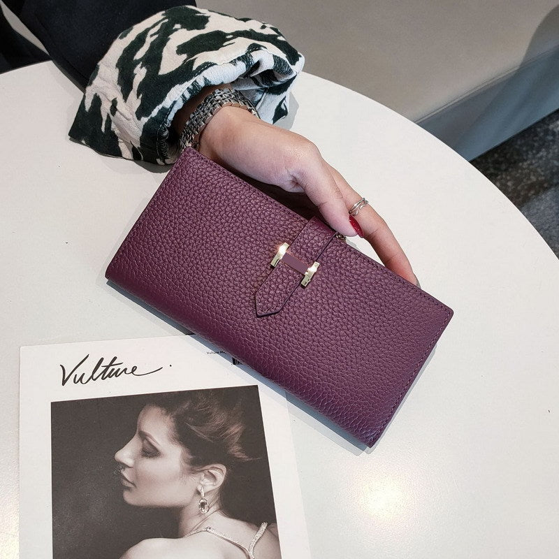 Simple Ladies Cowhide Handbag Lychee Pattern Fashion Long Bifold Wallet Genuine Leather Wallet