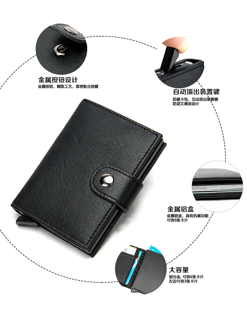 Men's wallet cowhide genuine leather aluminum alloy automatic pop-up RFID anti-theft brush personality business card holder card bag for men