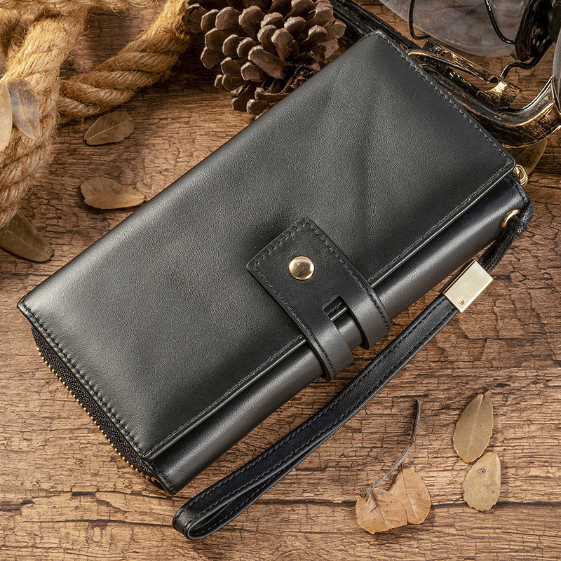 Men's long wallet, large capacity wallet, genuine cowhide leather, zipper clutch bag, handbag for men