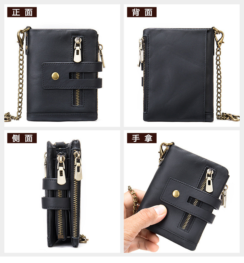 Men's short wallet made of genuine cowhide leather with multi-functional zipper and card bag wallet for men