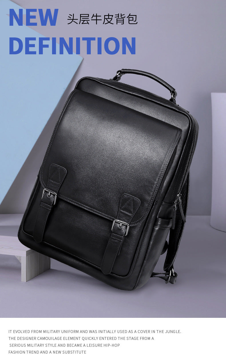 Men's backpack, genuine cowhide leather, casual business, travel fashion, waterproof, large capacity, double shoulder backpack