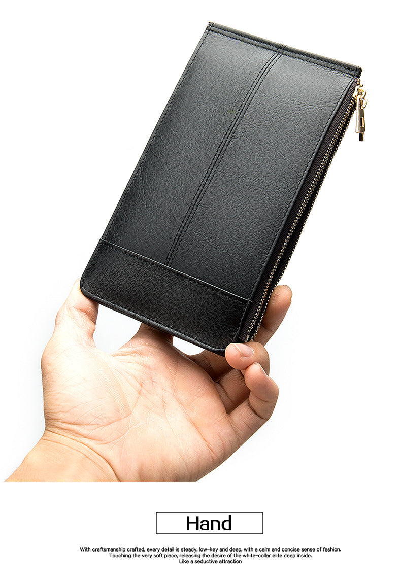 Men's long wallet made of genuine cowhide leather large capacity clutch bag Korean fashion unique zipper men's wallet