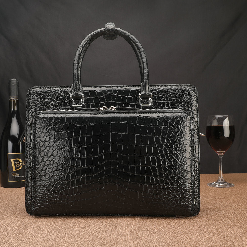 Crocodile Belly Skin Genuine Leather Men's Handbag Briefcase Double Zipper Handbag Business Office Business Trip Commuting File Bag