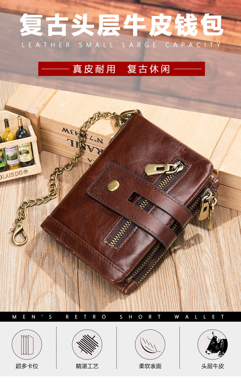 Men's short wallet made of genuine cowhide leather with multi-functional zipper and card bag wallet for men