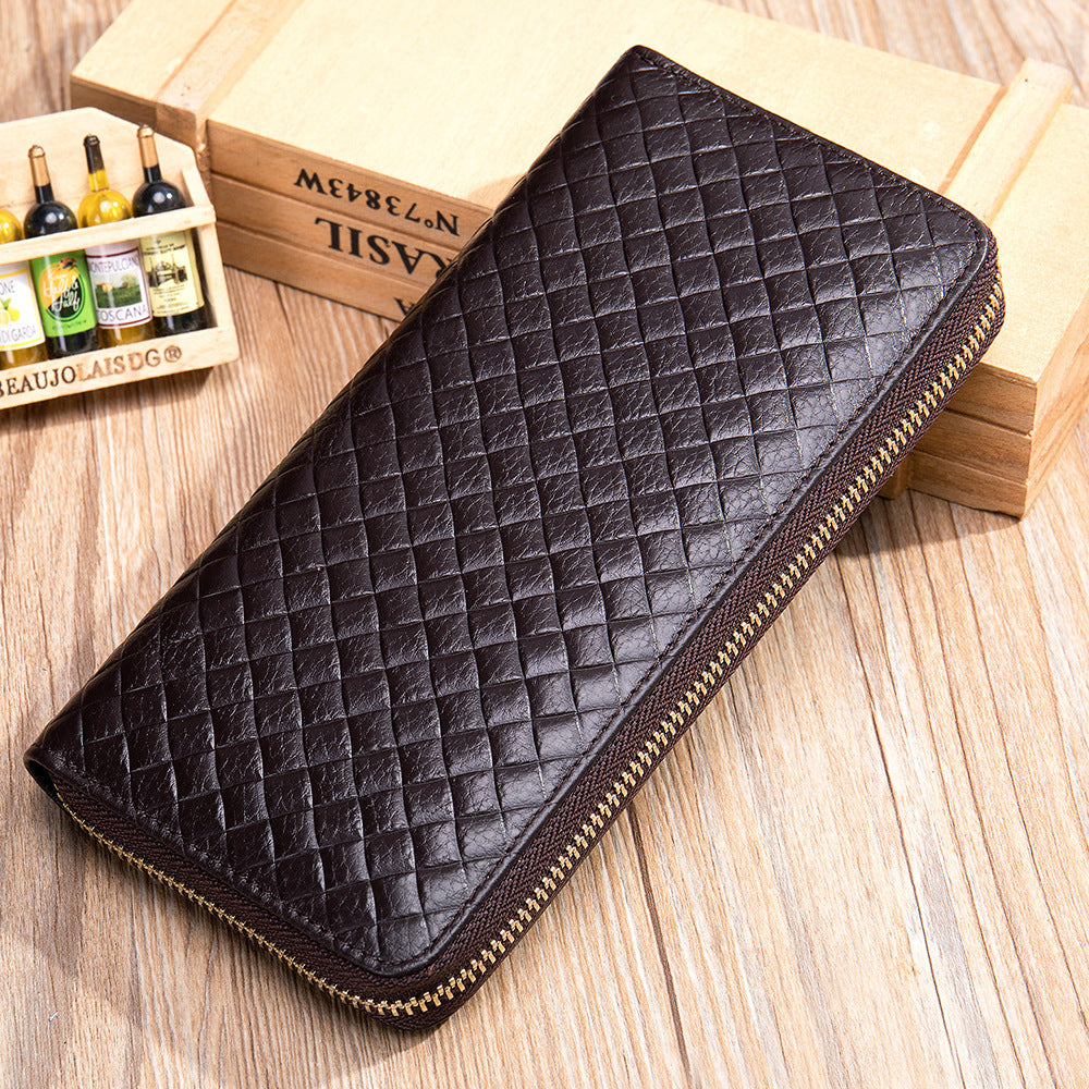 Men's long wallet made of cowhide genuine leather fashion plaid card holder zipper large capacity clutch bag men's wallet