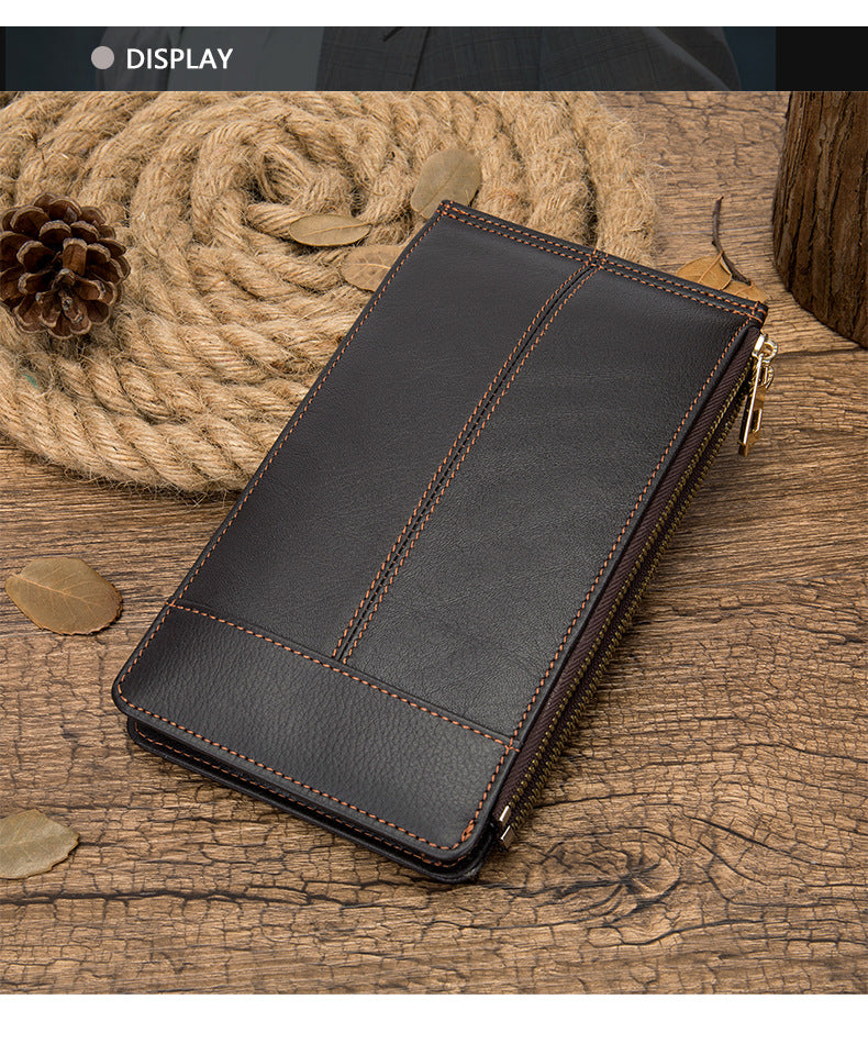 Men's long wallet made of genuine cowhide leather large capacity clutch bag Korean fashion unique zipper men's wallet