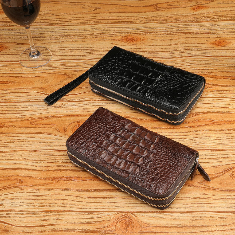 Siamese Crocodile Skin Men's Long Wallet Double Zipper Card Bag Genuine Leather Wallet Handbag