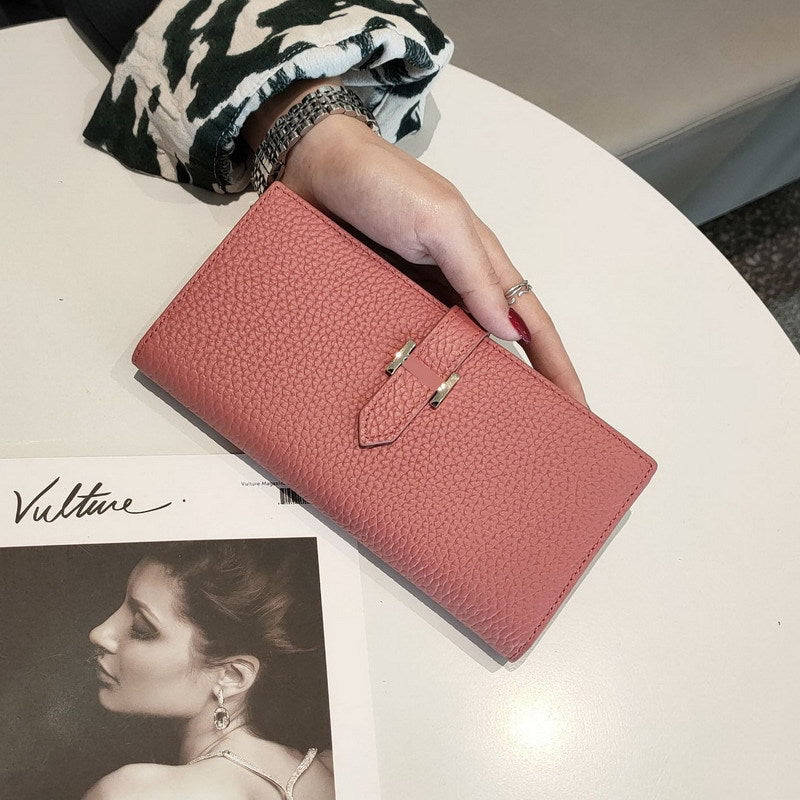 Simple Ladies Cowhide Handbag Lychee Pattern Fashion Long Bifold Wallet Genuine Leather Wallet