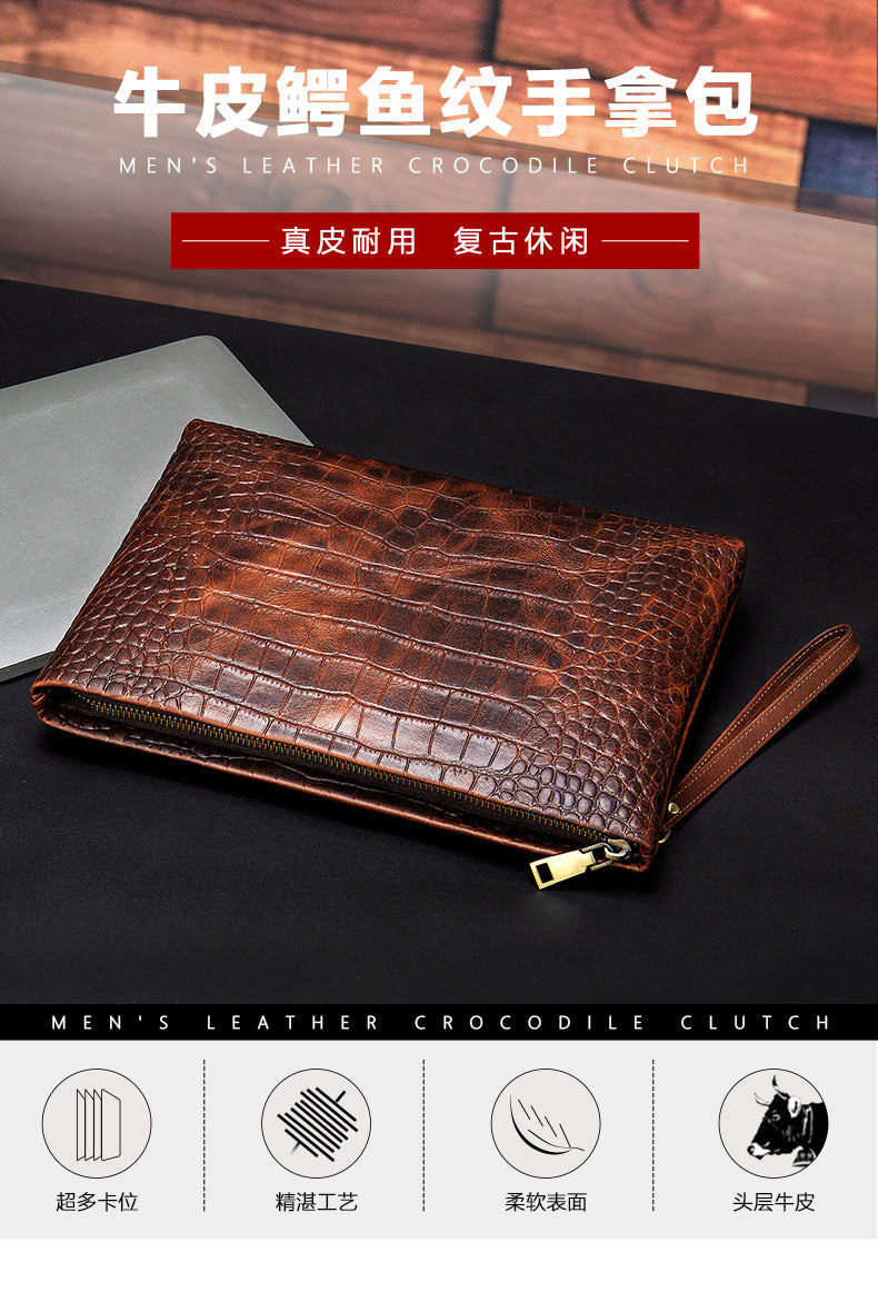 Men's Clutch Bag Business Crocodile Crest Cow Leather Handbag for Men