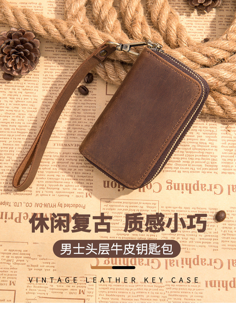 Men's Wallet Portable Cowhide Car Key Wallet Zipper Retro DIY Men's Wallet Handbag