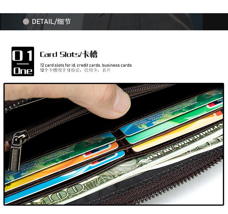 Men's Long Wallet Retro Crocodile Crest Cow Leather Card Holder Anti-Theft Brush RFID Men's Clutch Bag