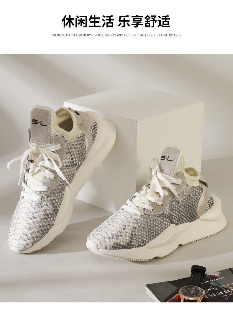 Python Skin Genuine Leather Men's Sneakers Casual Wear-resistant Breathable Thick Sole Men's Shoes