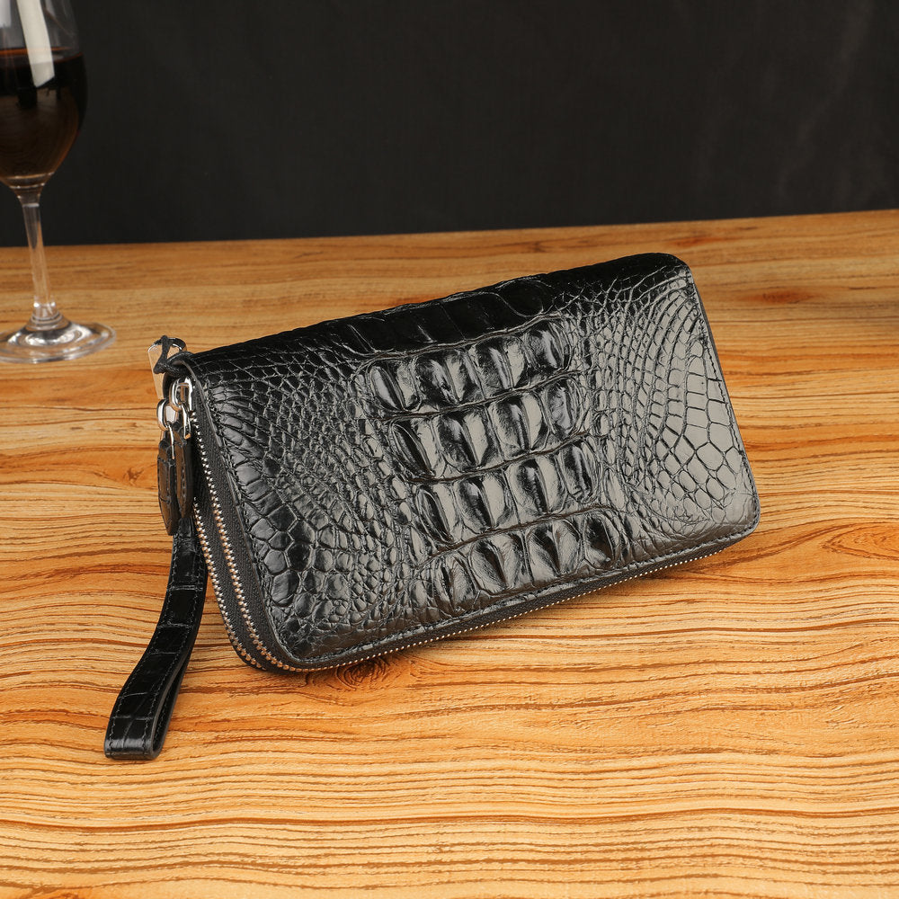 Siamese Crocodile Skin Men's Long Wallet Double Zipper Card Bag Genuine Leather Wallet Handbag