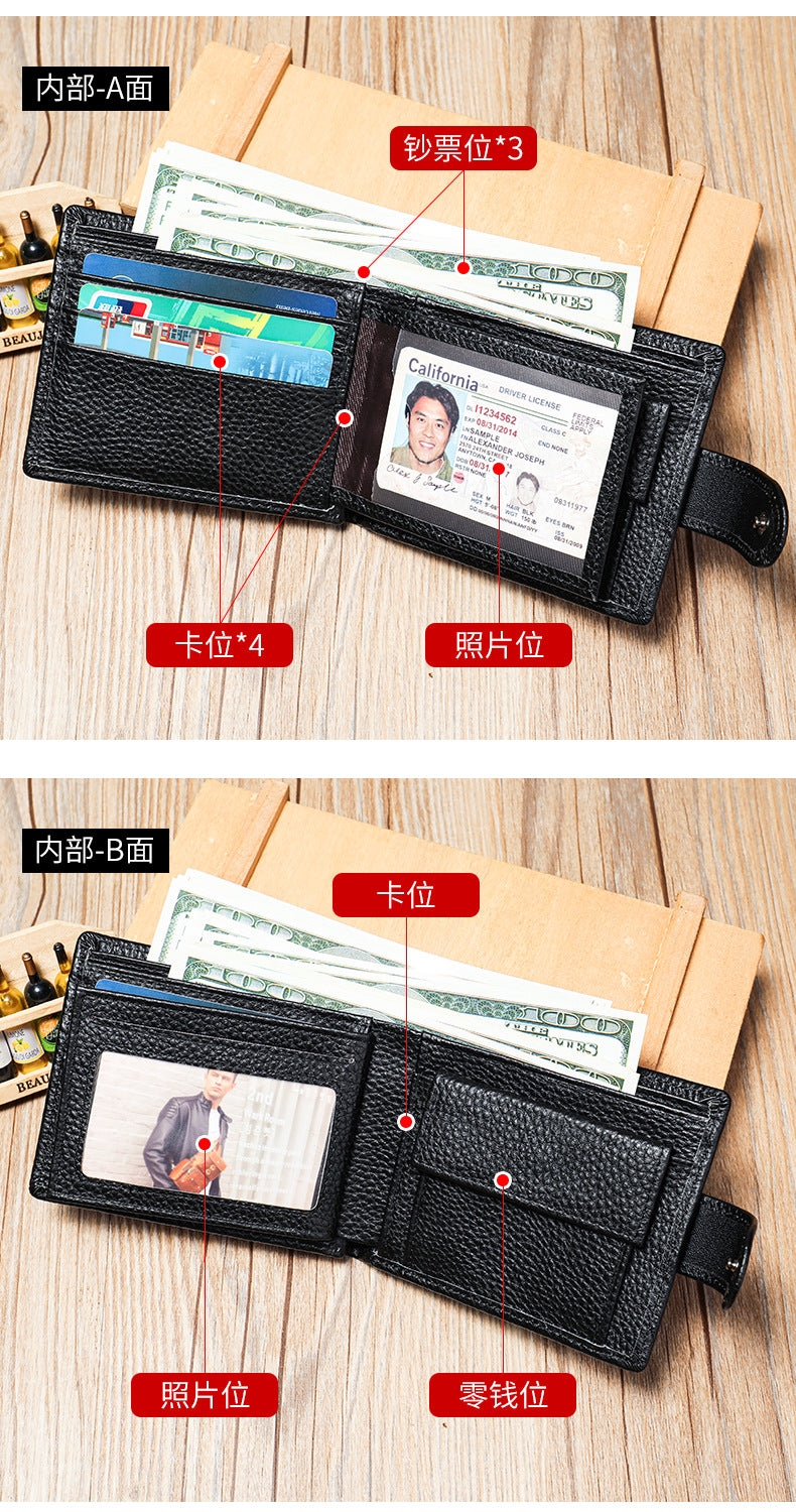 Men's Wallet RFID Genuine Cowhide Leather Card Holder Coin Casual Retro Large Capacity Clutch Bag