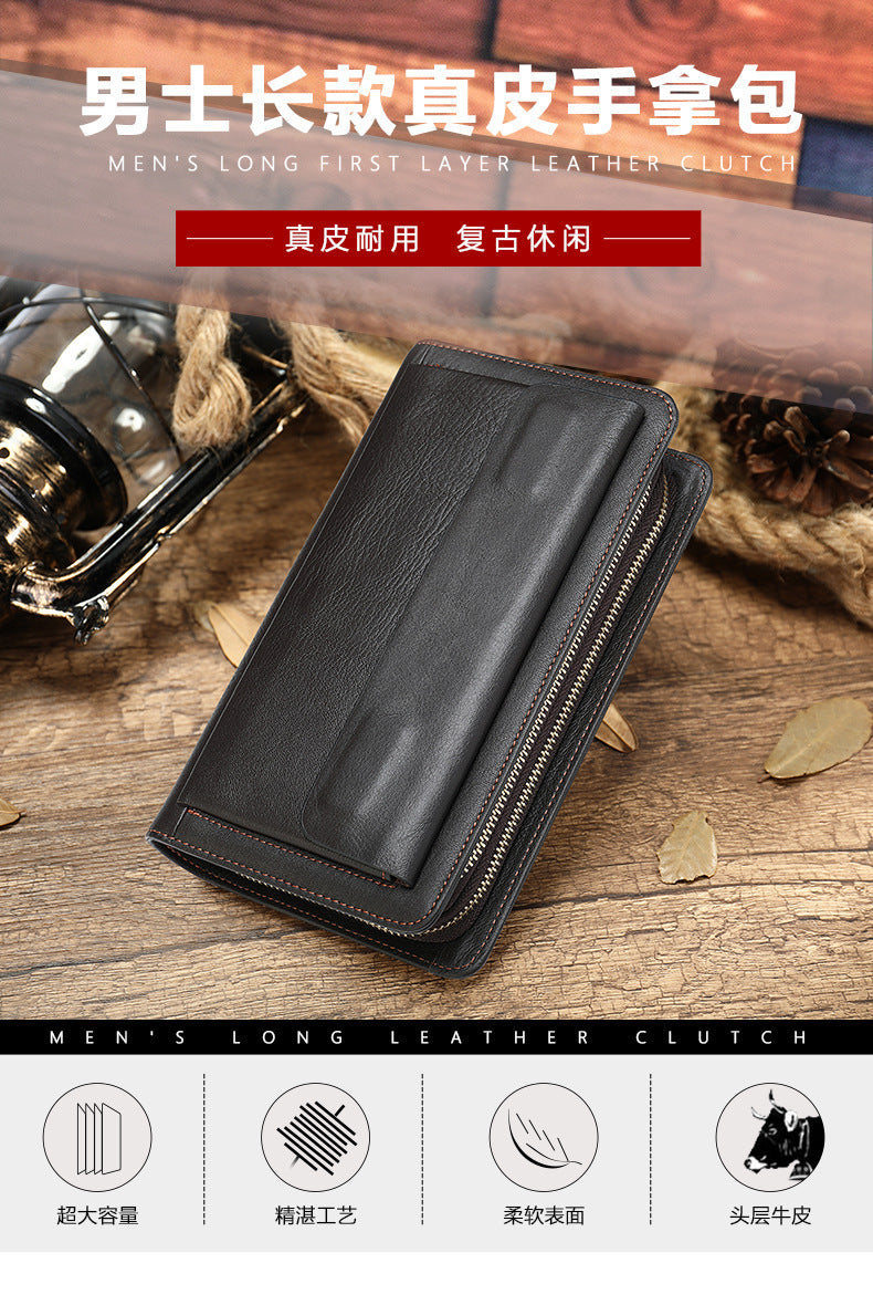 Men's Clutch Bag Genuine Cowhide Leather Wallet Card Holder Business Large Capacity Long Wallet Men's Handbag