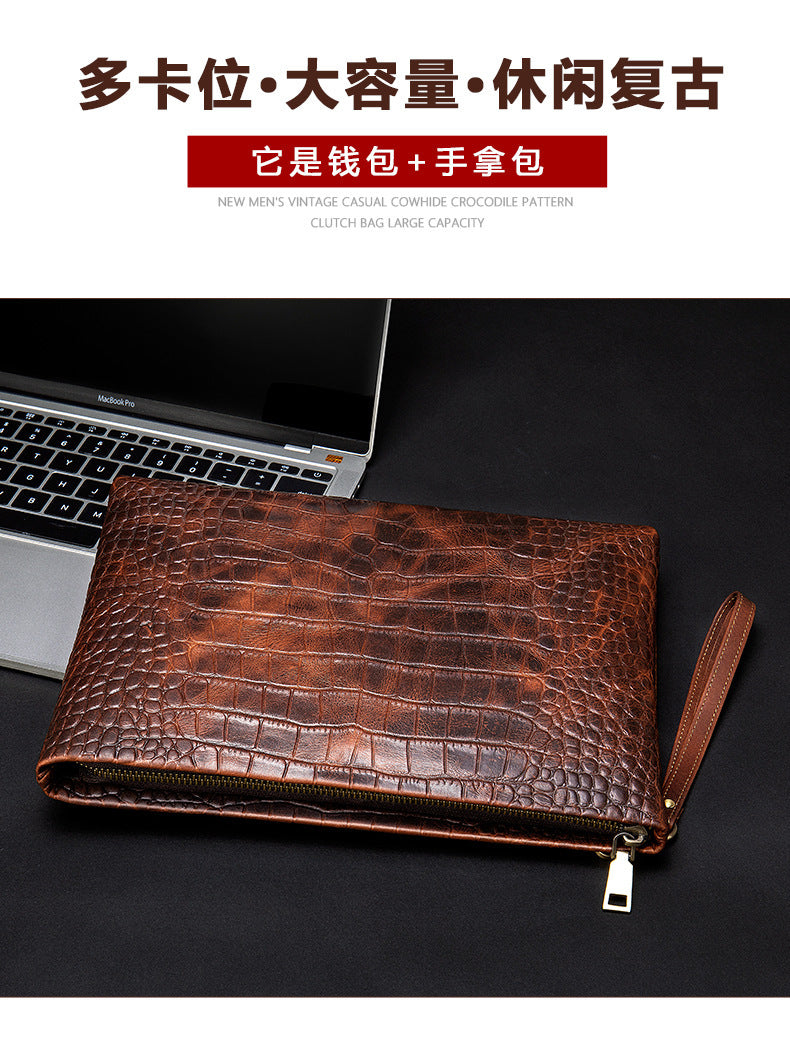 Men's Clutch Bag Business Crocodile Crest Cow Leather Handbag for Men