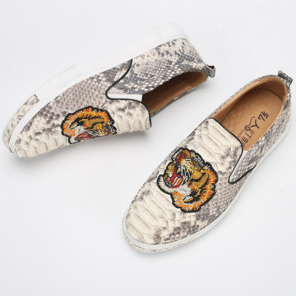 Python Skin Genuine Leather Men's Moccasins Embroidery Tiger Head Fashion Men Shoes Casual Shoes