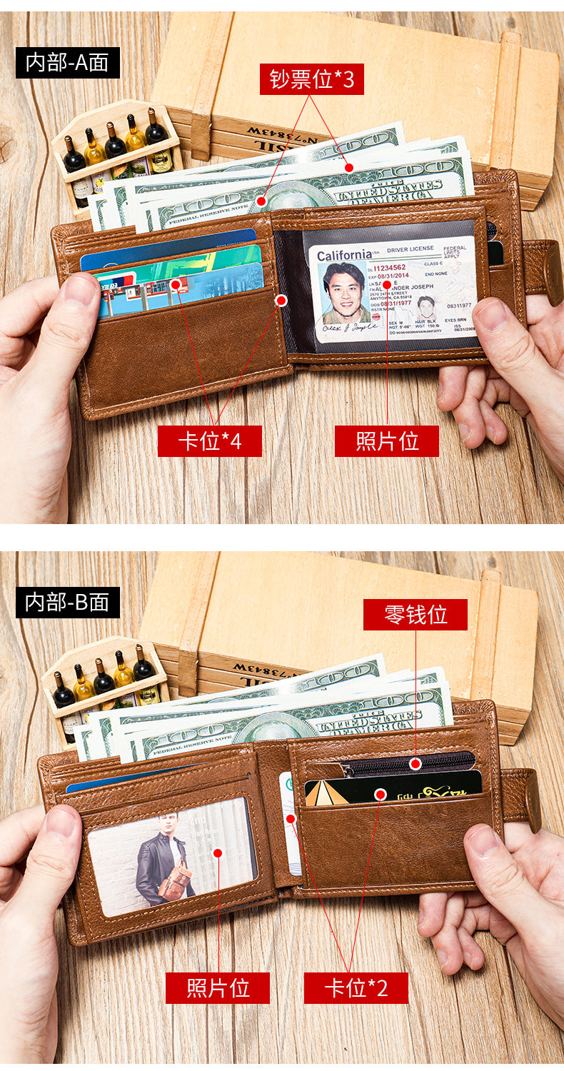 Men's short wallet cowhide RFID card holder business large capacity clutch bag retro wallet