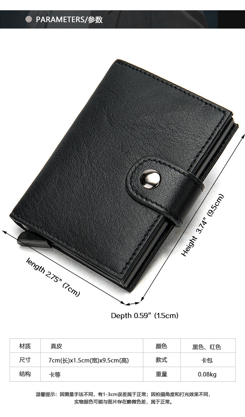 Men's wallet cowhide genuine leather aluminum alloy automatic pop-up RFID anti-theft brush personality business card holder card bag for men