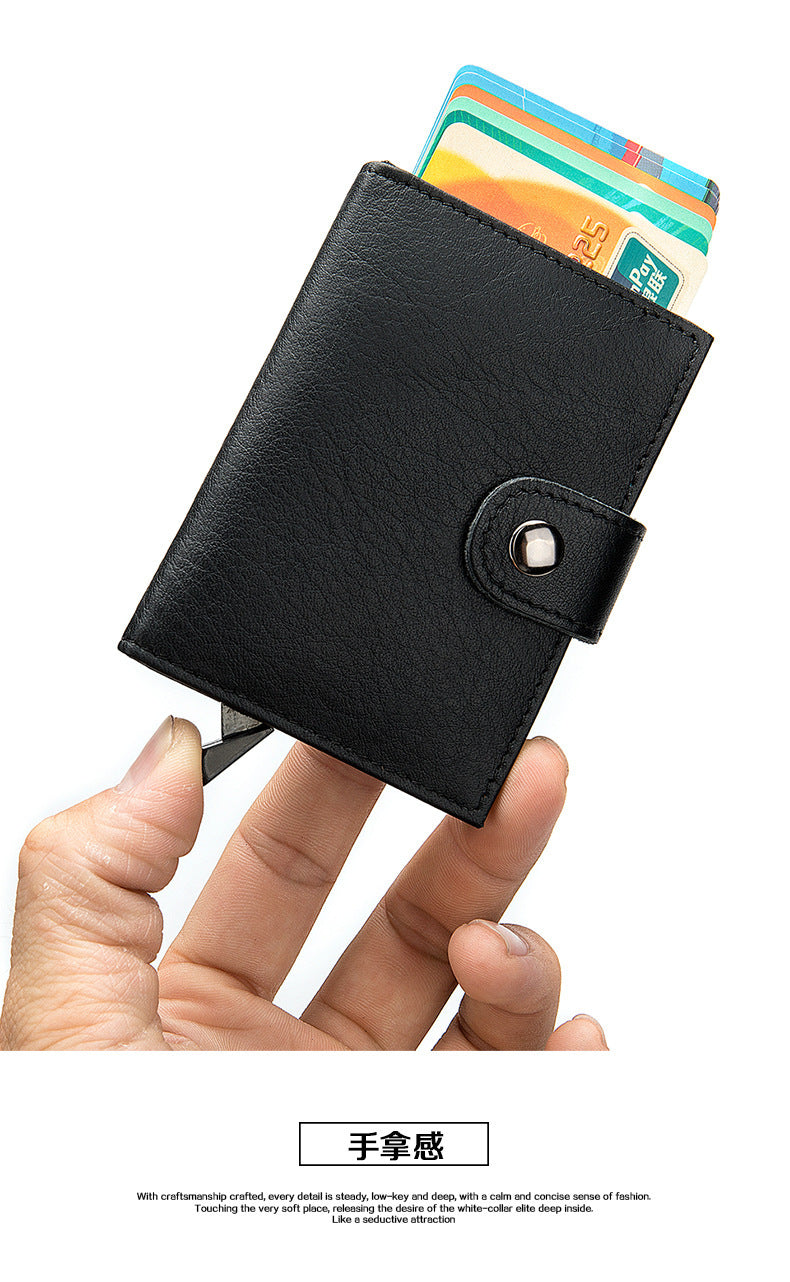 Men's wallet cowhide genuine leather aluminum alloy automatic pop-up RFID anti-theft brush personality business card holder card bag for men