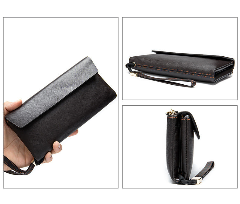 Men's Long Wallet Retro Genuine Cowhide Leather Large Capacity Card Holder RFID Anti-Theft Business Clutch Bag