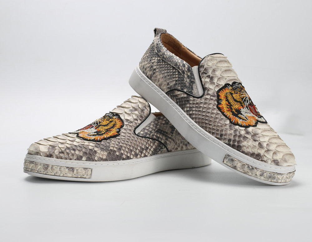 Python Skin Genuine Leather Men's Moccasins Embroidery Tiger Head Fashion Men Shoes Casual Shoes