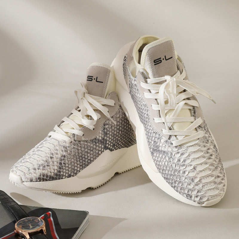 Python Skin Genuine Leather Men's Sneakers Casual Wear-resistant Breathable Thick Sole Men's Shoes