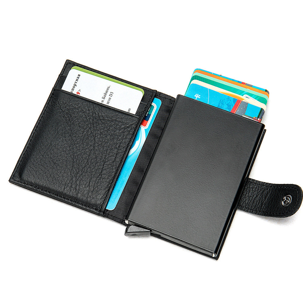 Men's wallet cowhide genuine leather aluminum alloy automatic pop-up RFID anti-theft brush personality business card holder card bag for men