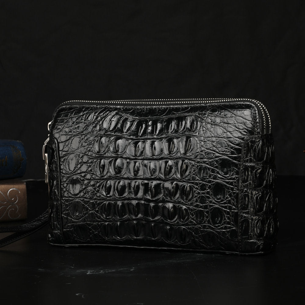 Men's Bag Crocodile Skin Genuine Leather Business Double Zipper Security Lock Privacy Protection Handbag