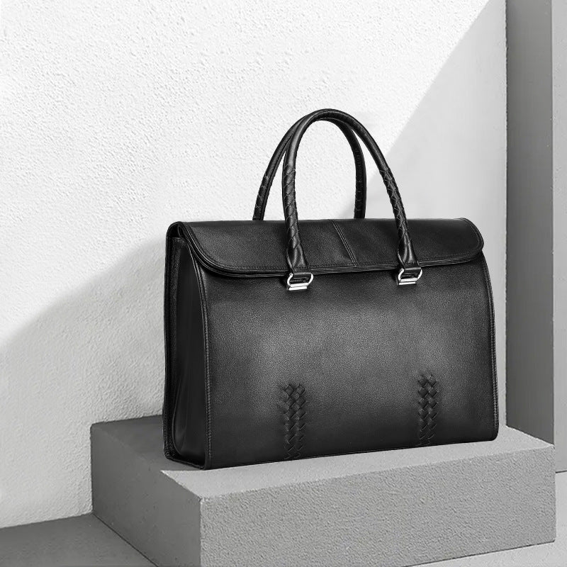 Men's Handbag Genuine Leather Cowhide Fashion Business Large Capacity Business Briefcase Computer Bag Hand-knitted Men's Handbag