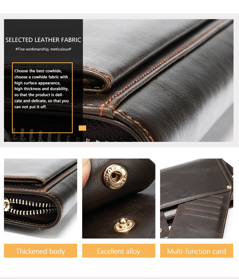 Men's long wallet cowhide clutch bag business casual fashion retro card holder men's wallet
